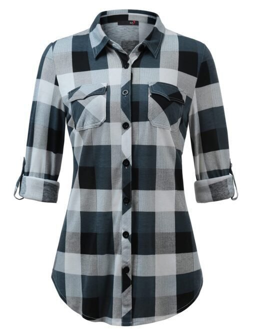 Camisa estampada informal y cómoda con puños abotonados y bolsillos a cuadros para mujer - Image 6