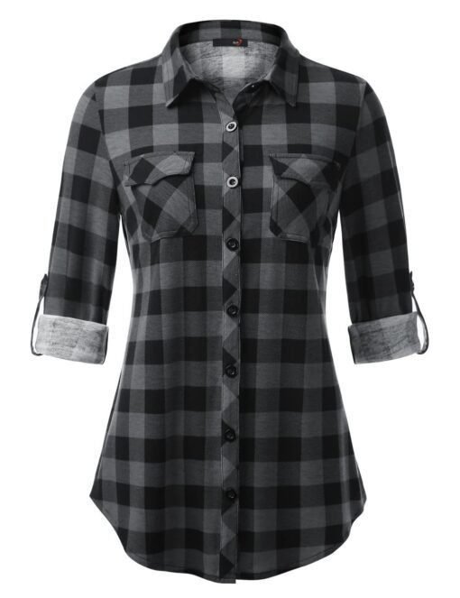 Camisa estampada informal y cómoda con puños abotonados y bolsillos a cuadros para mujer - Image 5