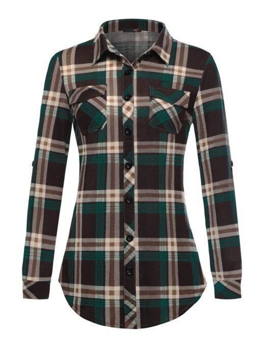 Camisa estampada informal y cómoda con puños abotonados y bolsillos a cuadros para mujer - Image 3