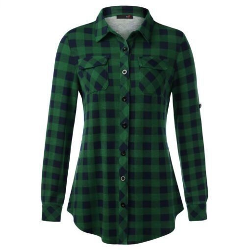 Camisa estampada informal y cómoda con puños abotonados y bolsillos a cuadros para mujer