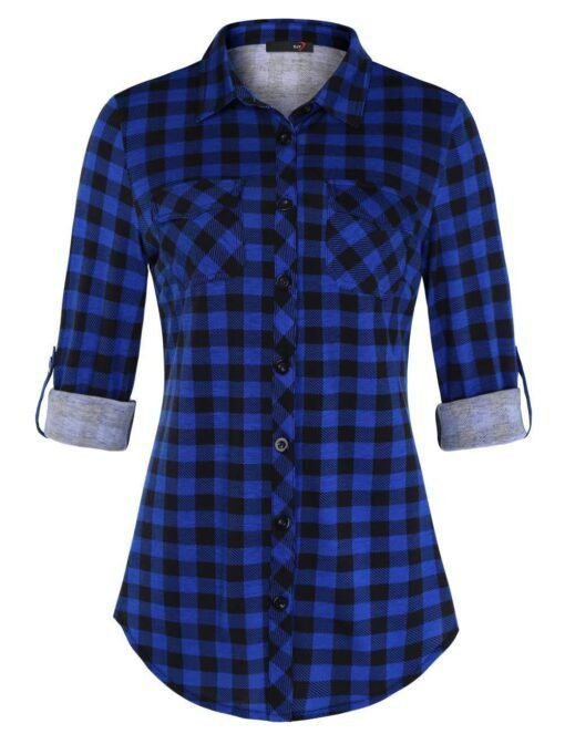 Camisa estampada informal y cómoda con puños abotonados y bolsillos a cuadros para mujer - Image 7