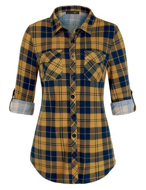 Camisa estampada informal y cómoda con puños abotonados y bolsillos a cuadros para mujer - Image 9