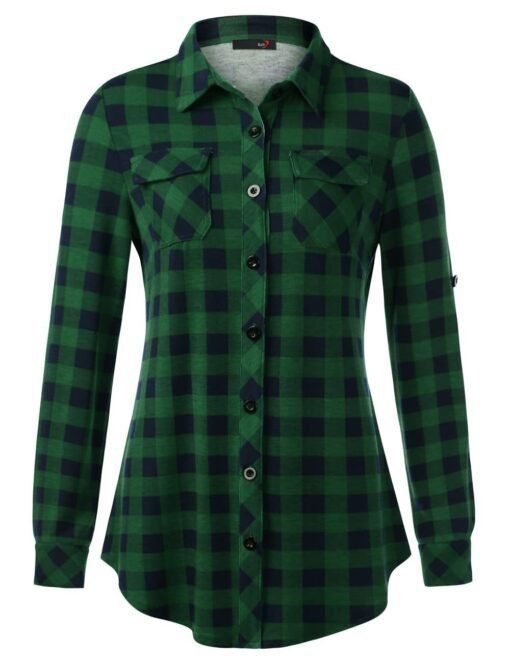 Camisa estampada informal y cómoda con puños abotonados y bolsillos a cuadros para mujer - Image 4