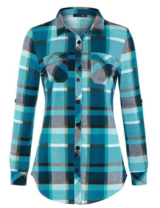 Camisa estampada informal y cómoda con puños abotonados y bolsillos a cuadros para mujer - Image 10