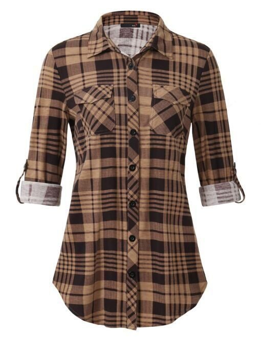 Camisa estampada informal y cómoda con puños abotonados y bolsillos a cuadros para mujer - Image 8