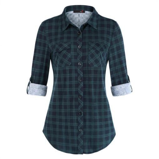 Camisa estampada informal y cómoda con puños abotonados y bolsillos a cuadros para mujer - Image 2